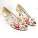 Vintage floral satin peep toe kitten pumps // Leather outsole