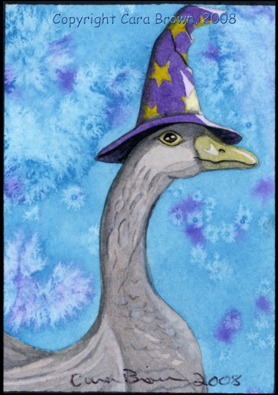 OOAK Original Fantasy Magic Goose Wizard watercolor ACEO by
