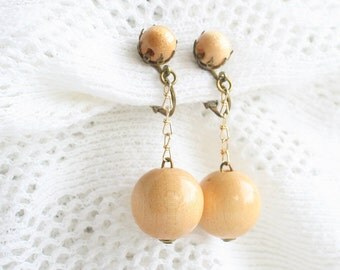 Vintage Wood Ball Dangle Earrings Chain Drops Western Germany 1960's Retro Clip On