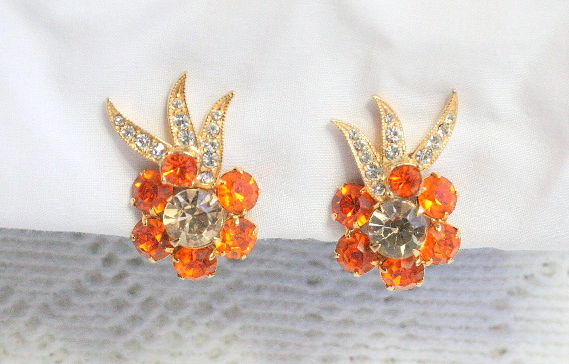 Orange Eisenberg Rhinestone Earrings Vintage Clip On Flower