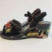 Vintage 1940s Wedges // The TROPICALI Fantastic Carved Painted Tourist Wedges with Velvet Uppers