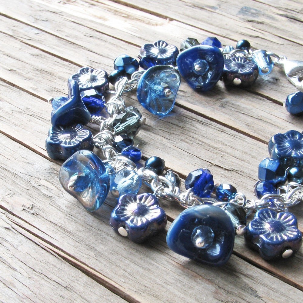 Blue Cluster Bracelet Czech Glass Beads Dark by OnePrettyDaisy