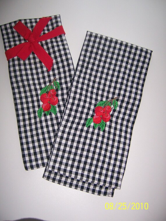 Black and White Checkered Dish Towels with Cherry Embroidery