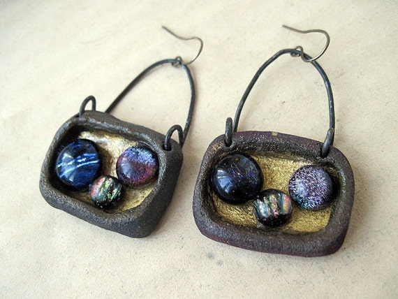 Philosophy in a Labyrinth. Cosmic Assemblage Earrings with Dicrotic  Cabs adn Ceramic Bezels.Beads And Rosy Copper.