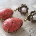Coral Seas Dangle Earrings, vintage cabs, banana bob posts, pearl and brass