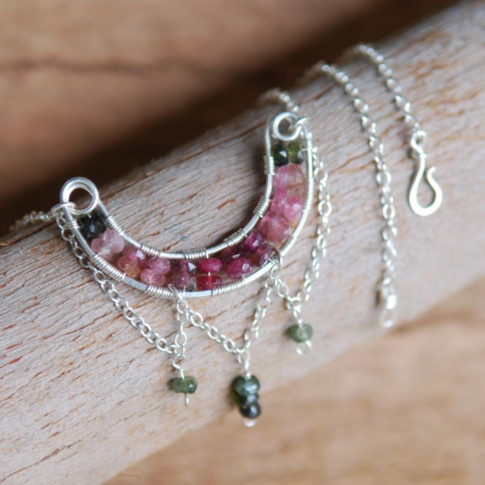 Artisan Tourmaline and Sterling Silver Necklace Watermelon