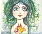 Mermaid - original watercolor painting -portrait painting- illustration - wall decor -green - fish- sea - ocean - beach - summer
