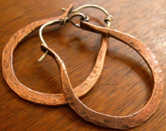 Copper Hoop Earrings With Sterling Silver Ear Wire - Horseshoe Hoop Earrings - Rustic Jewelry - Hammered Copper Earrings - Oxidized Copper