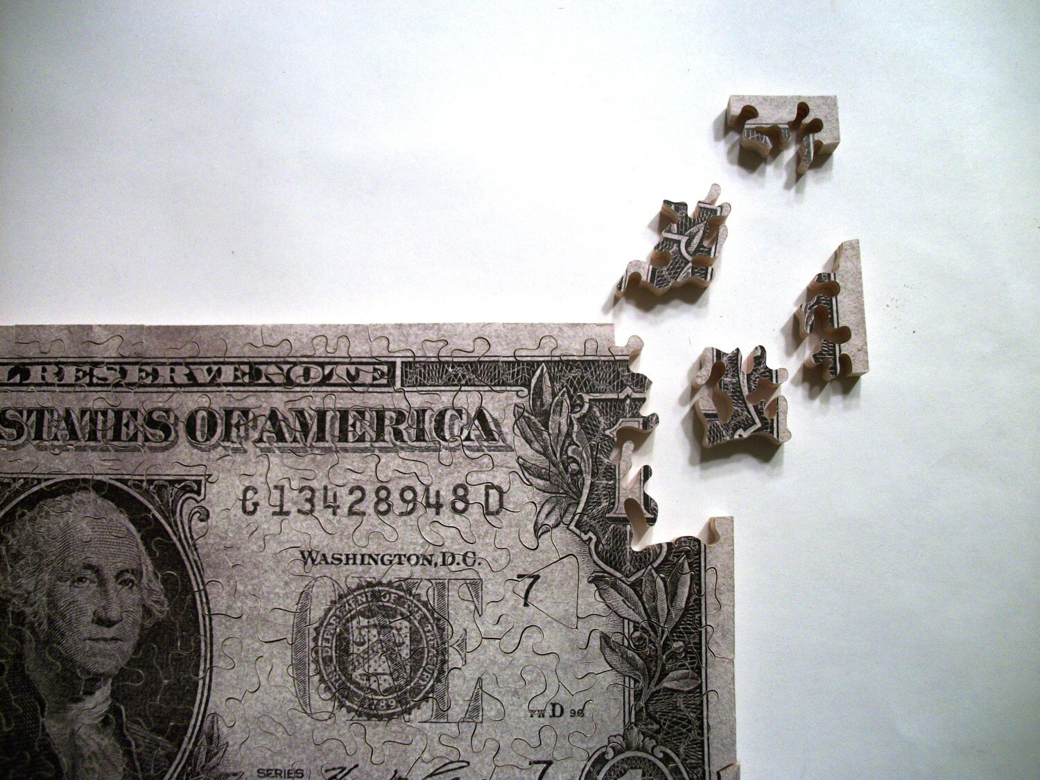 Hand Cut Wooden Jigsaw Puzzle. Dollar bill. Over 100 pieces.