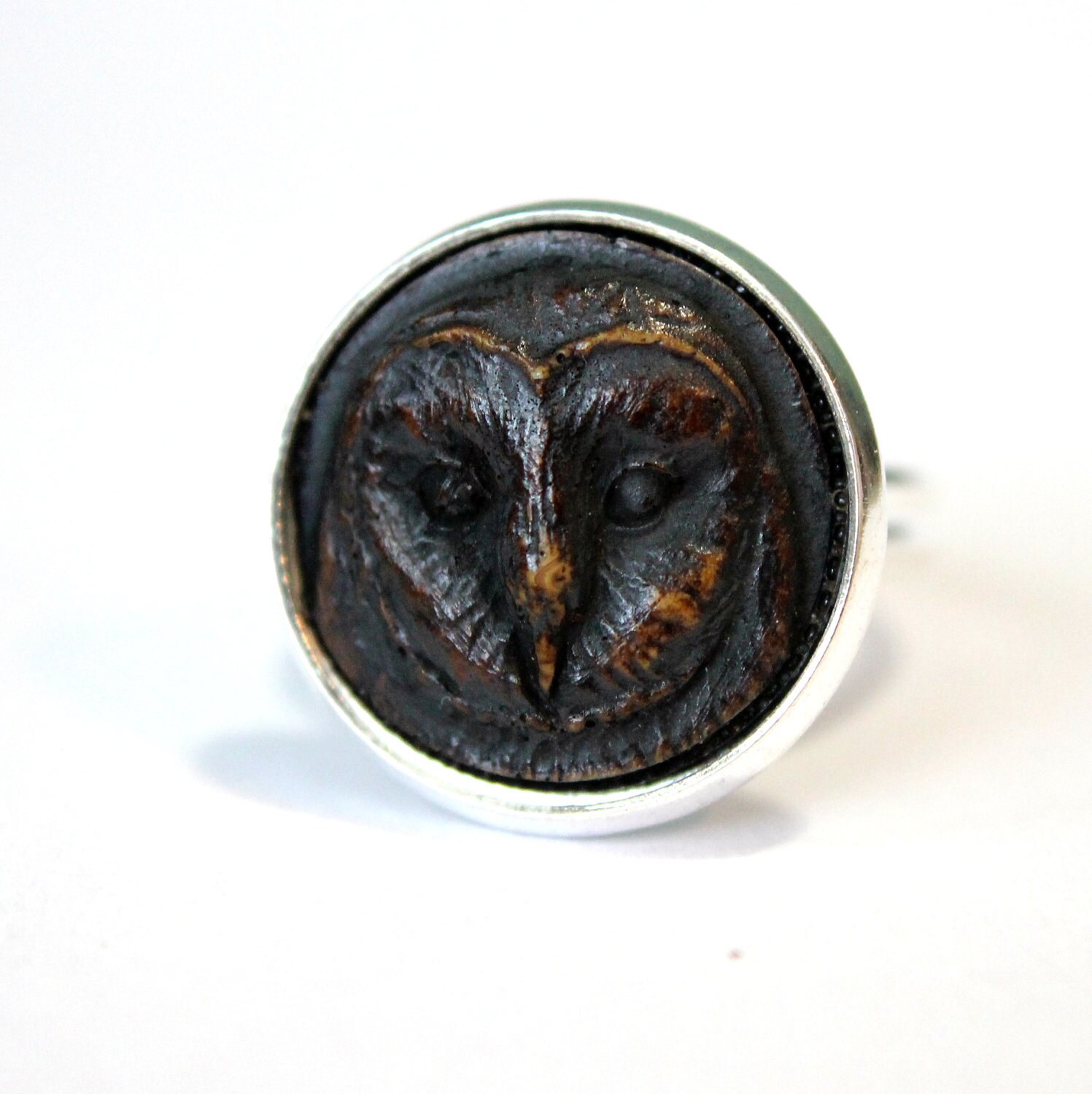 Barn Owl Silver Ring Antique Ivory Finish by mrd74 on Etsy