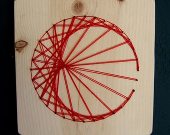Modern String Art Wooden Tablet - Cardioid in Red on Natural Wood