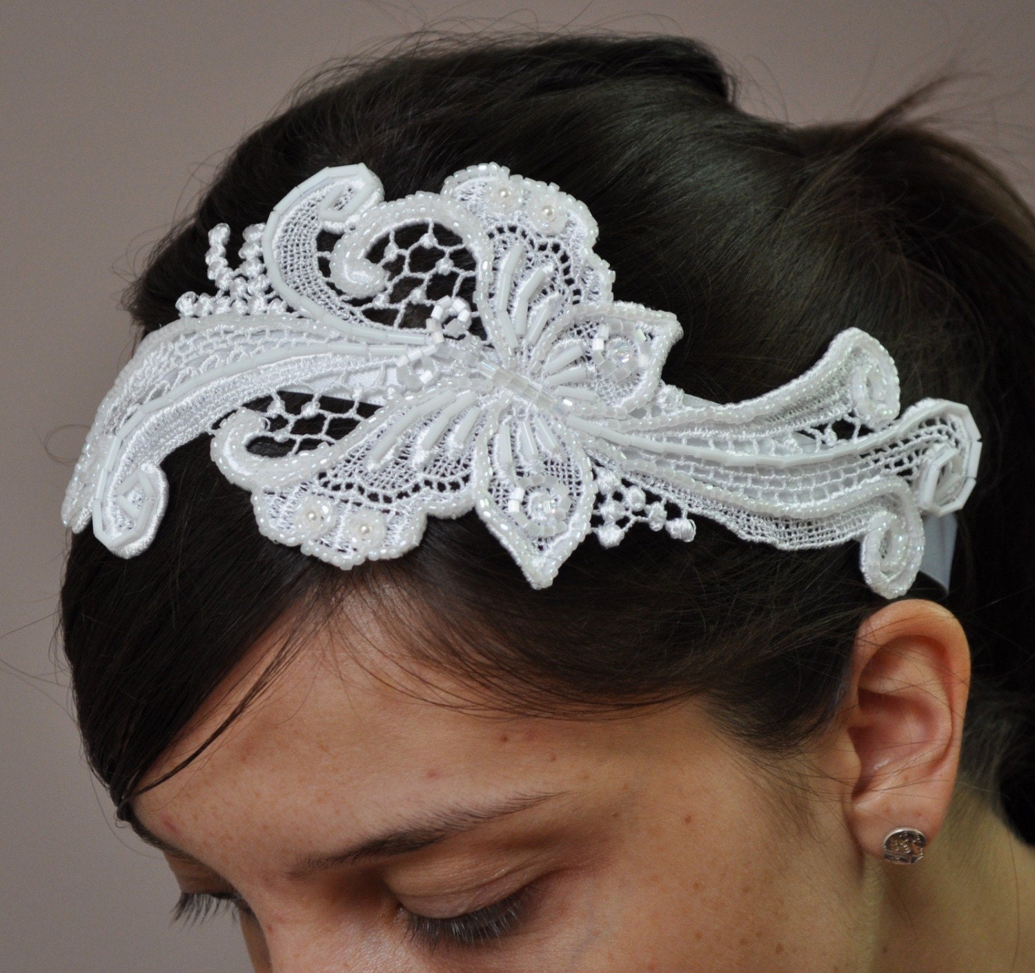 Petalouda Hand Beaded Lace Applique Bridal Headband