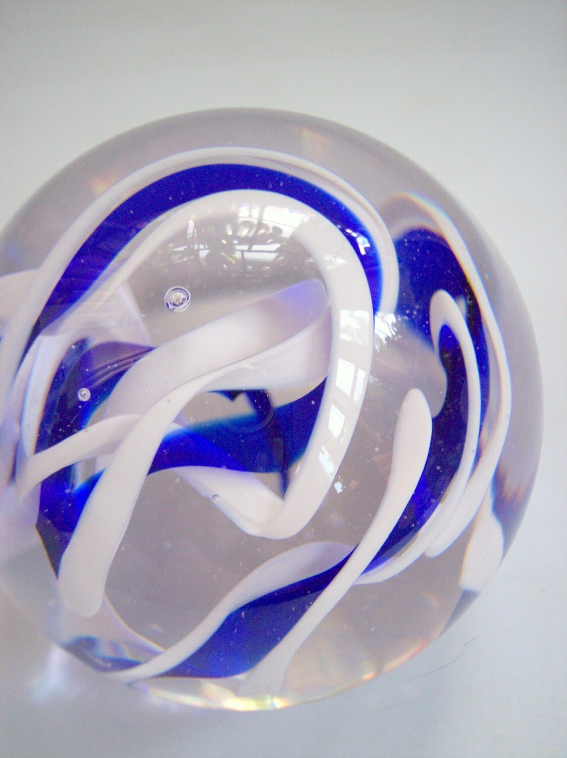 Hand Blown Art Glass Paperweight in Blue and White by Bill