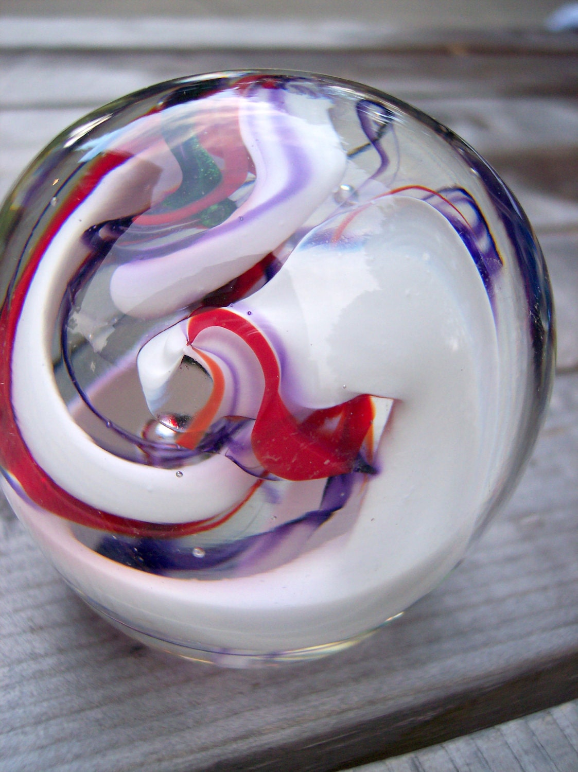 Hand Blown Art Glass Paperweight in Red Purple Green and