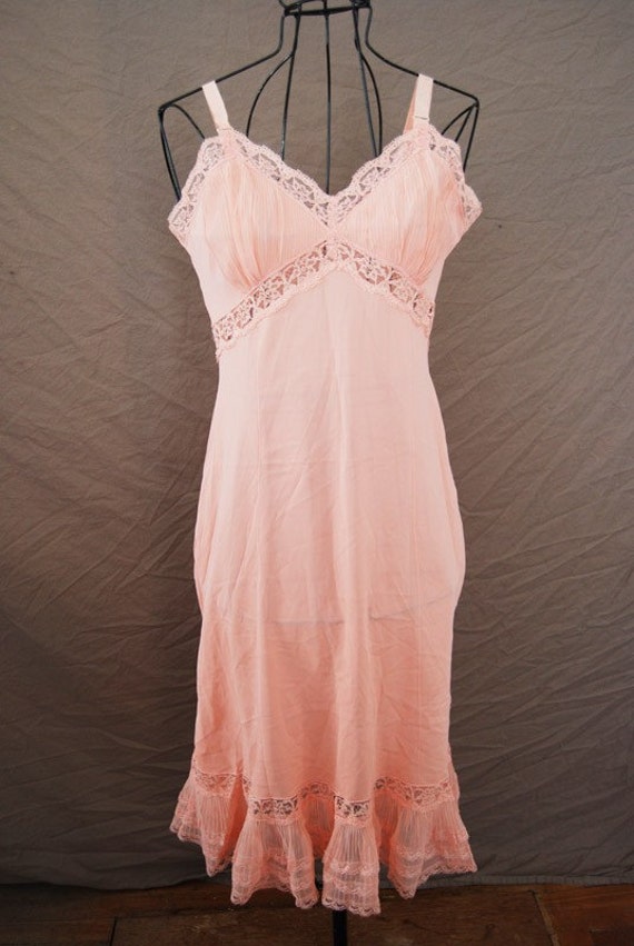vintage 50s Candy Pink Frilly and Lacey Full Slip by jessamity
