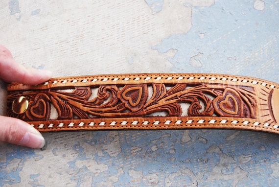 Leather Cuff Bracelet Recycled Tooled Leather Heart Cuff