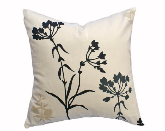 Wild Flowers Throw Pillow Black Tan Cream by PillowThrowDecor