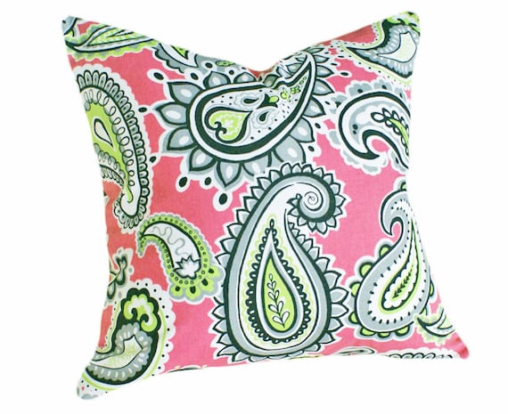 Pink and Green Paisley Pillows Modern Bright Colorful