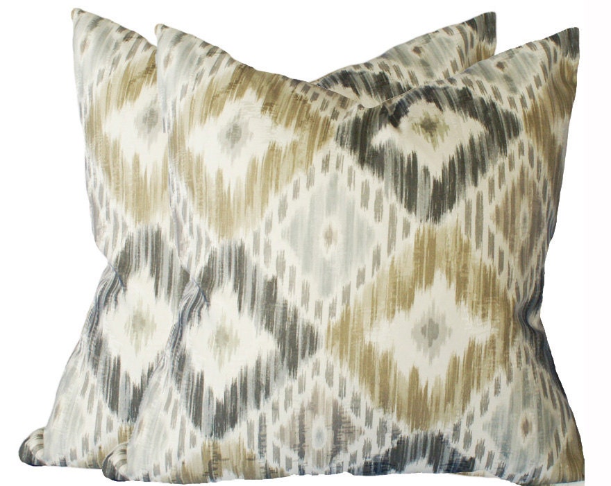 Ikat Decorative Pillows Gray Taupe Cream Set of Two 18x18