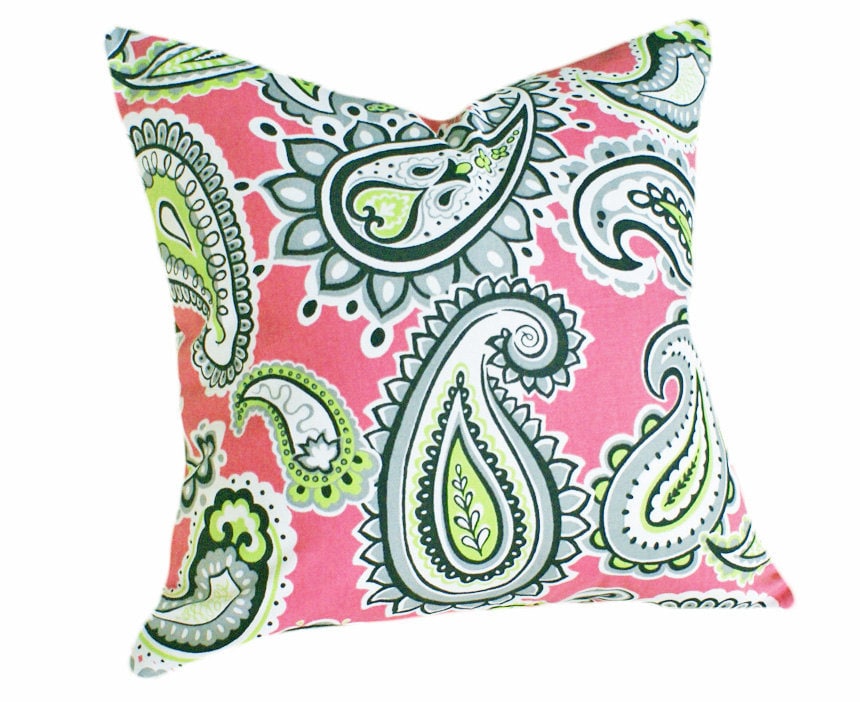 Pink and Green Paisley Pillows Modern Bright Colorful