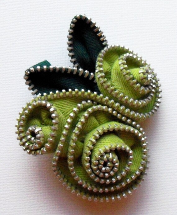 Chartreuse Floral Brooch / Zipper Pin by ZipPinning 1576