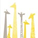 8X10" modern giraffes giclee print on fine art paper. butter light yellow, light taupe gray. portrait format.