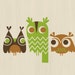 10X8" three owls giclee print on fine art paper. brown and green.