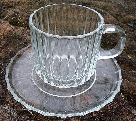 Vintage Italy Tea Cup Saucer Glass Ribbed Coffee Tea