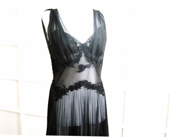 Vintage Black Negligee Long Sexy Gown Sheer Nylon by savoybetty