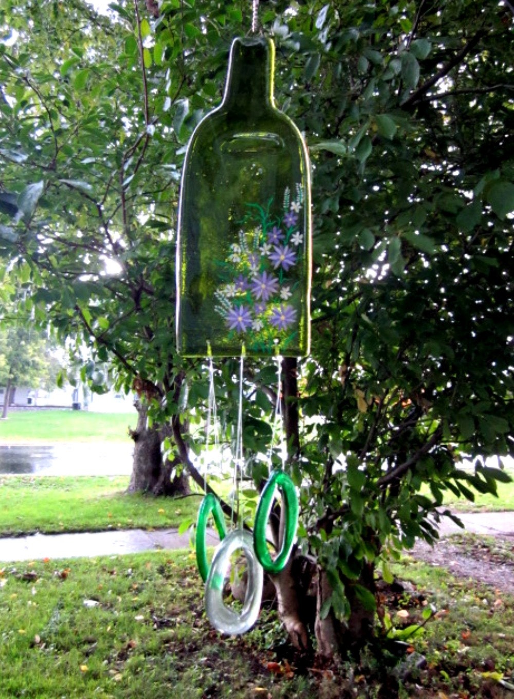 Wine Bottle Melted Wind Chime Bright Green Recycled Painted