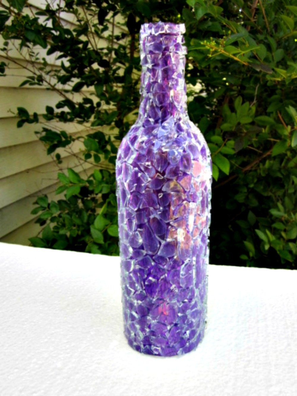 Recycled Wine Bottle Candle Cover Luminary Shattered Purple
