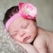 Ready to Ship...Cream and Pink Flower Headband with Fashion Rhinestone Center on Dark Pink Elastic Headband (fits 6 months and up)