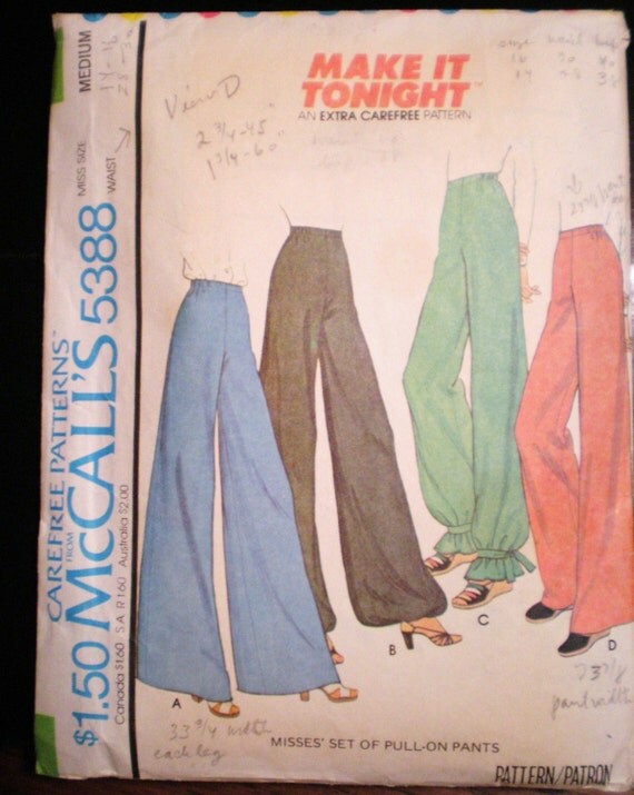 Vintage 1970s Sewing Pattern WIDE LEG PANTS Easy to by pintucksew