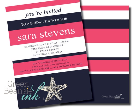 NAUTICAL STARFISH Printable Party Invitation - Pink and Navy Blue Printing Available Il_570xn