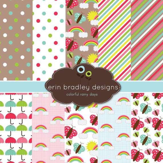 Digital Scrapbook Paper Rainbows and Butterflies Personal & Commercial Use Instant Download Il_570xn