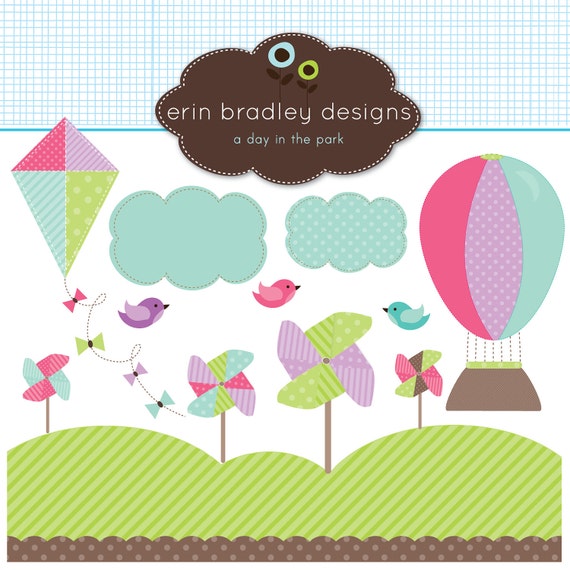 Digital Clipart Clip Art Personal & Commercial Use Pinwheels Hot Air Balloon Kit and Birds Il_570xn