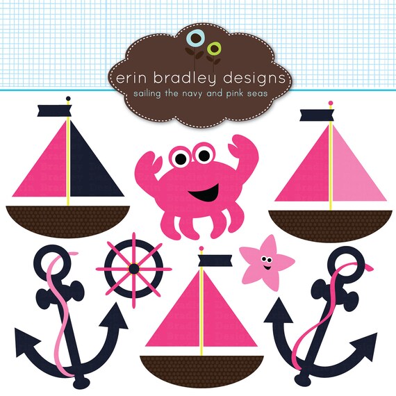 Girls Sailboat Digital Clipart Graphics Anchors Boat Starfish Crap & Ship Wheel Commercial Use Clip Art in Preppy Pink and Navy Blue Il_570xn
