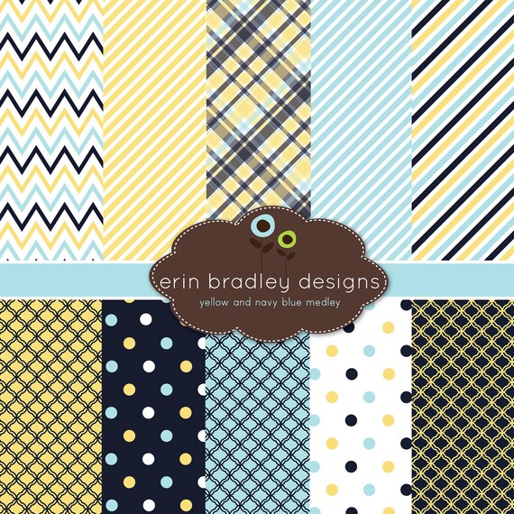 50% OFF SALE Yellow and Navy Blue Digital Paper Set Personal and Commercial Use Il_570xn