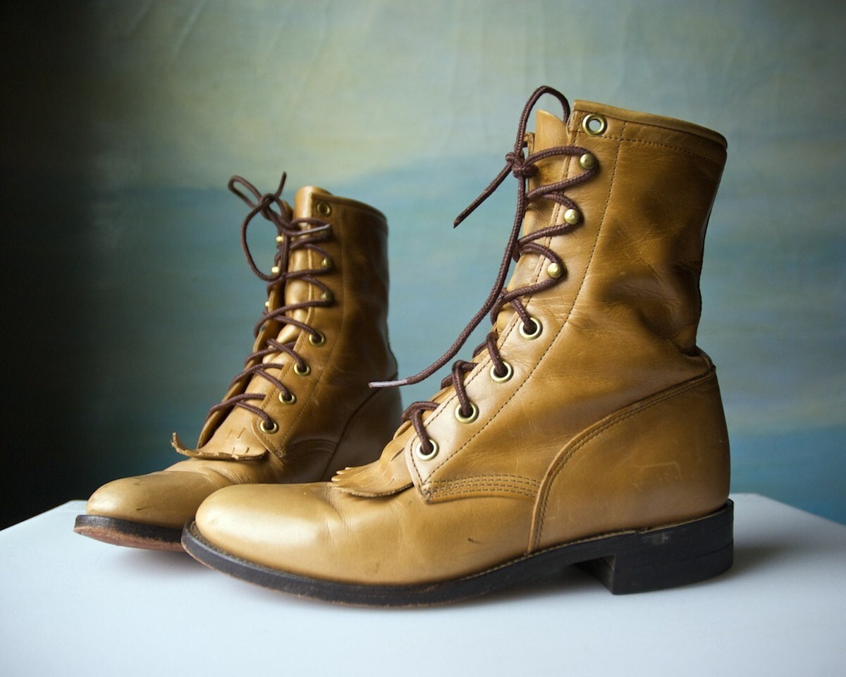 Mustard Prairie Boots. Vintage Brown Leather Granny Combat