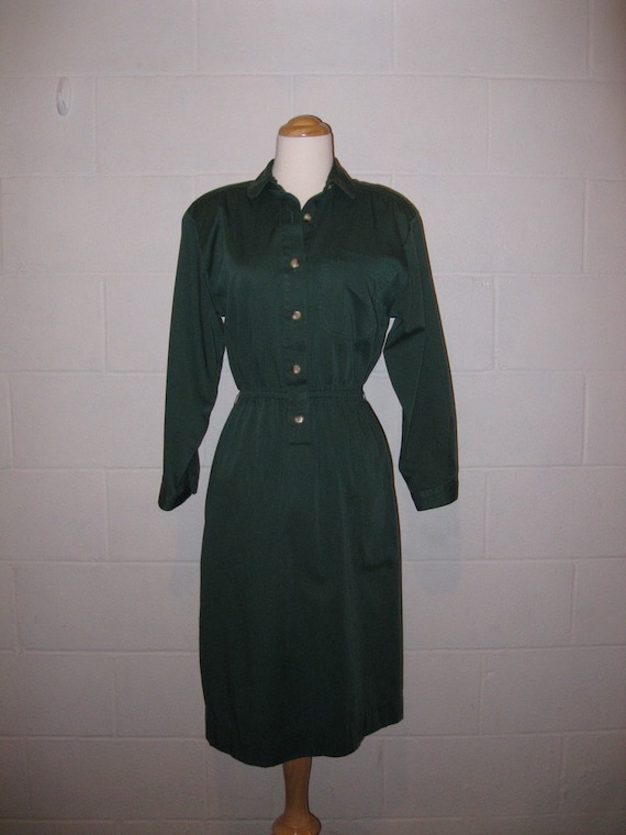 1970s Hunter Green Shirt Dress / Long Sleeve Dress / Women / S