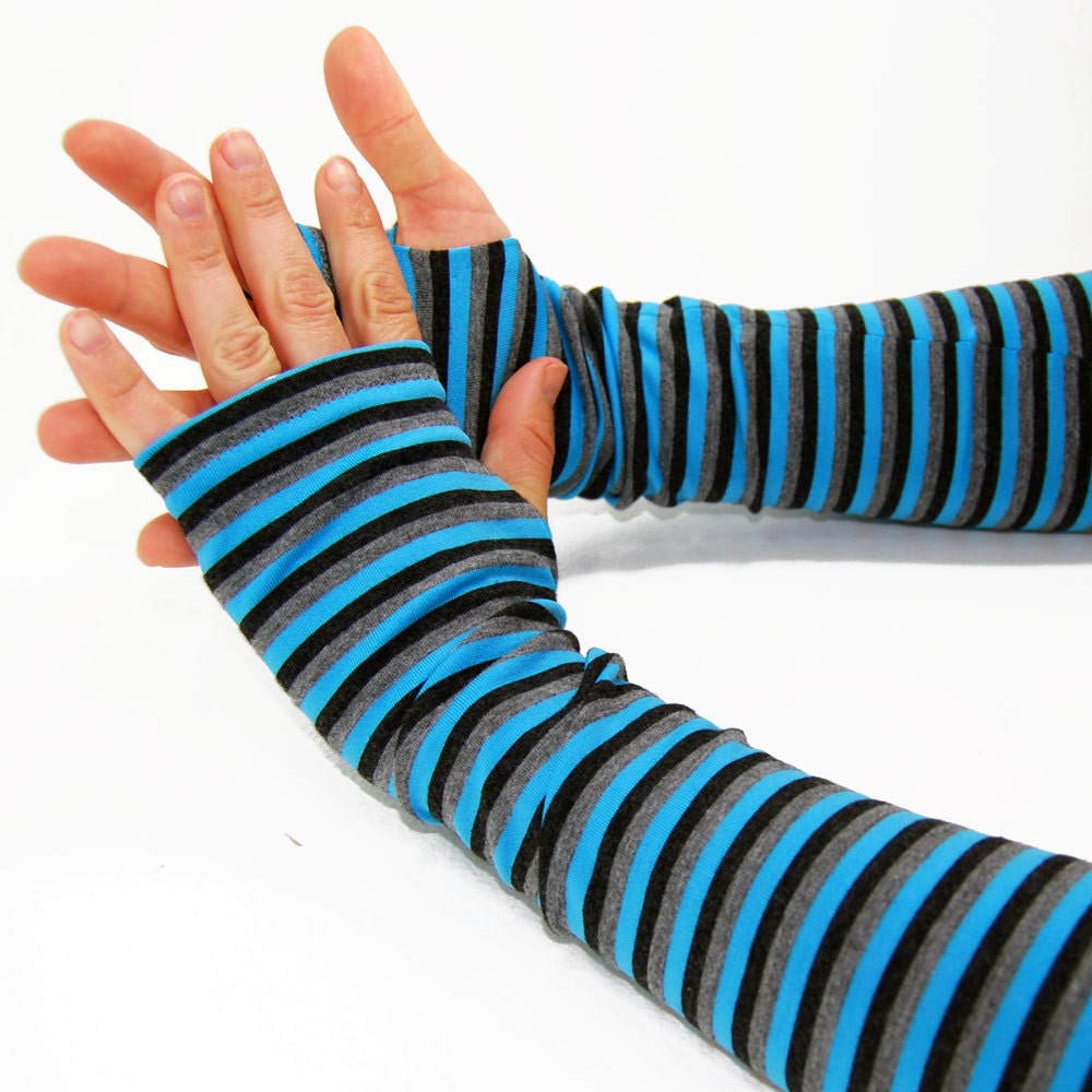 Arm Warmers in Candy Striped Blue Fingerless Gloves LAST