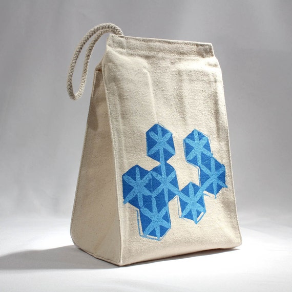 Lunch bag recycled cotton geometric hexagon pattern peacock blue and ...