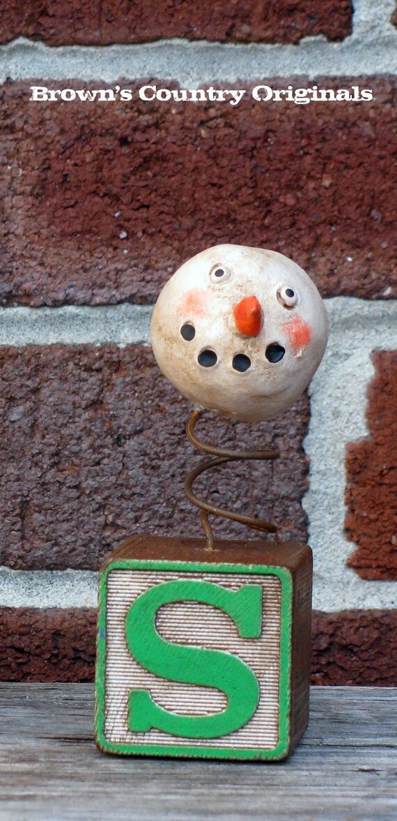 Paper Mache Snowman Head on Letter S Alpha Block PM259