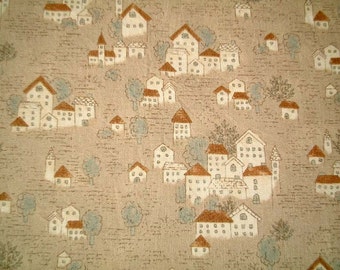 Brown, Cotton Fabric, One FAT QUARTER, Cute, Kawaii, Little French Village, house, home, cartoon, craft, castle, iammie, SALE, discount