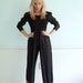 Black and Gold Jumpsuit - Vintage 90s - Lurex Floral Print - Wide Leg - XS S Petite Short