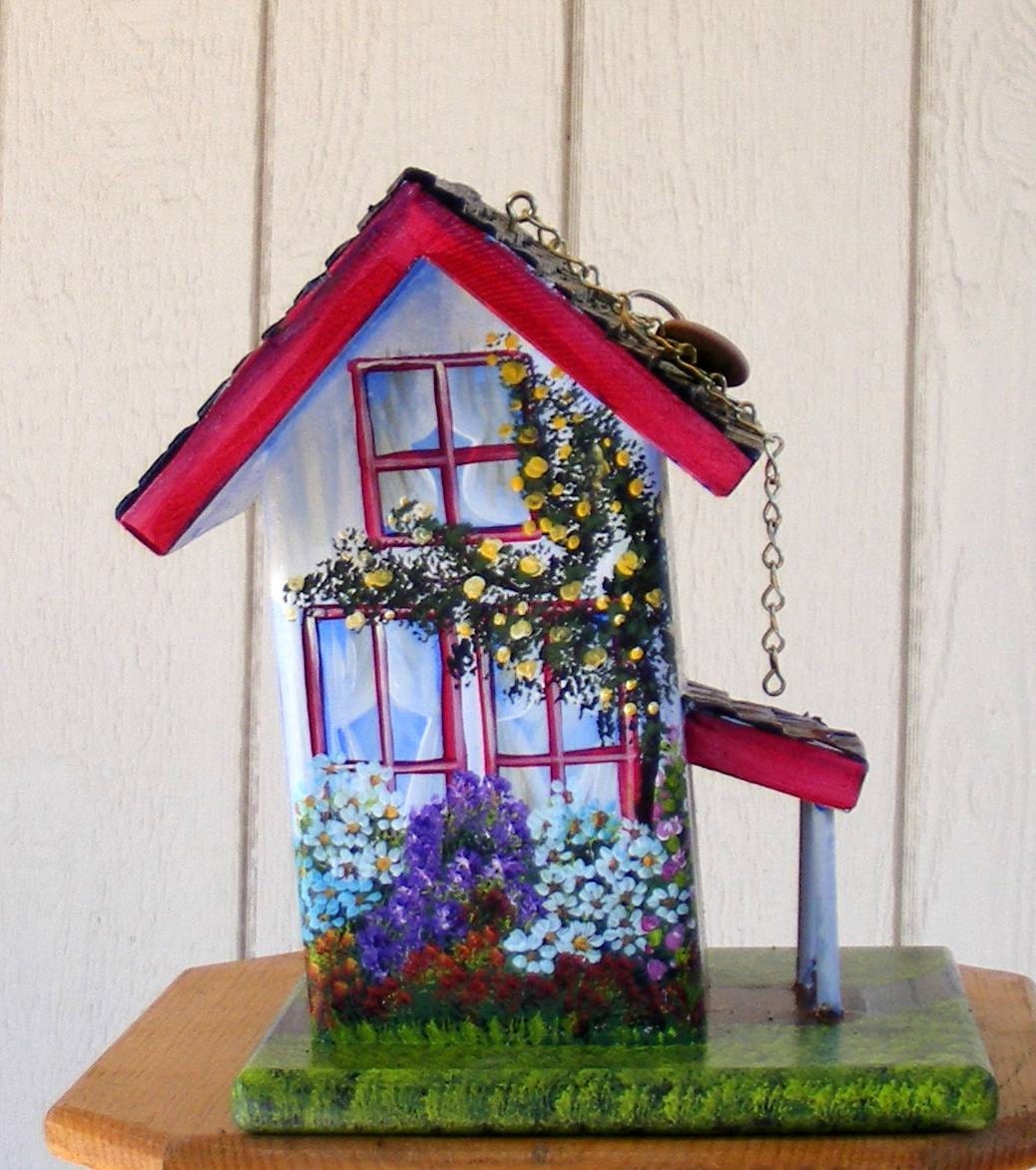 Hand Painted Bird House Red White and all kinds of Flowers