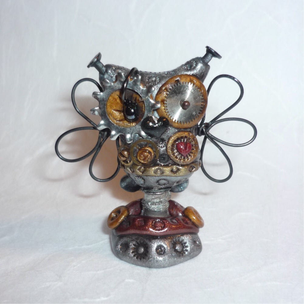 Steampunk Robot Hooty Owl Miniature Figure Polymer Clay