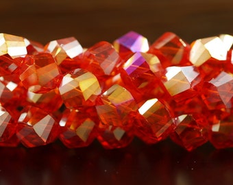 Fire Red Ab Glass Beads, 10mm Step Faceted Beads 20 Pcs -