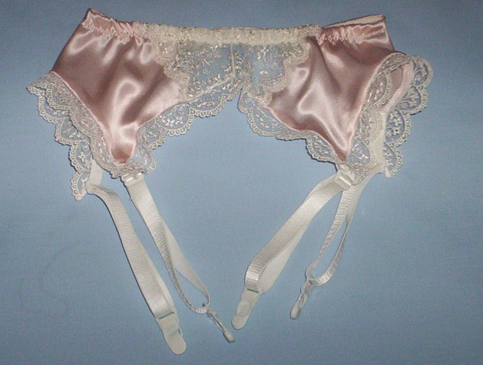 Blush pink silk satin and lace garter belt