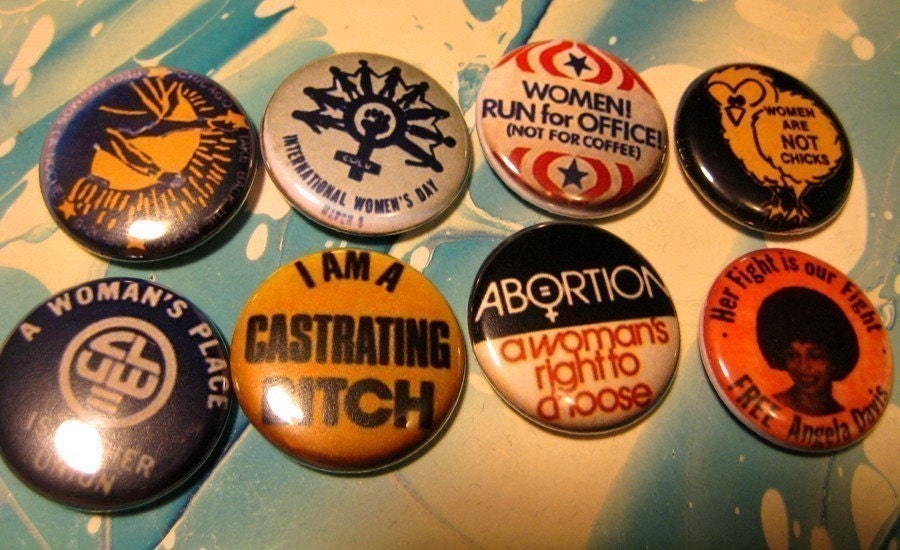 Reproduced 70s Feminist Pins 8 button set by kingdog on Etsy